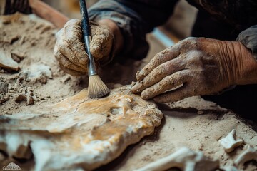 Close-up of archaeologist brushing dirt from ancient fossil at excavation site.