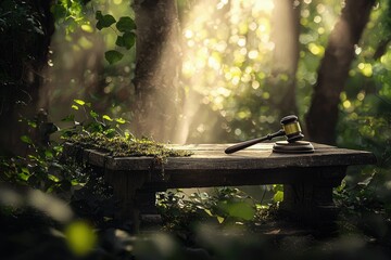Naklejka premium A judge's gavel resting on wooden table in a sunlit forest, symbolizing law, nature, and justice.