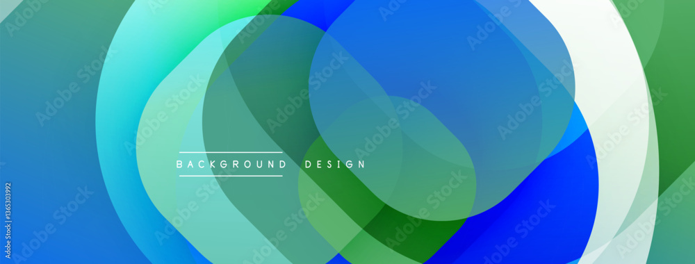 Poster Circular abstract design with overlapping translucent circles and round shapes, blending gradients and smooth curves, creating depth, contrast, and a dynamic visual effect
