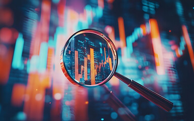 A magnifying glass hovers over an upward-trending graph, with arrows pointing up and down in the background, representing a financial concept