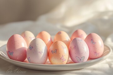A close-up shot of an Easter egg decorated with drawings and patterns on a pastel-colored background. Generative AI
