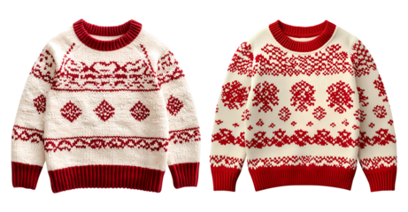 2 children's Christmas sweaters with red patterns, in a cream and red color scheme, isolated on fully transparent png background