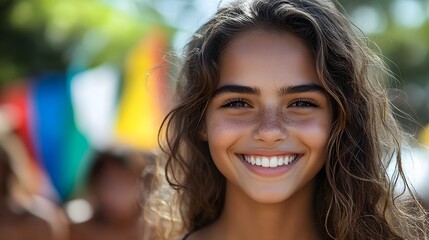 Fototapeta premium Happy woman smiling outdoors, bright sunny day