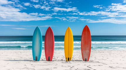 Brightly colored surfboards lined up on a sandy beach under a clear sky with gentle waves in the background
