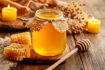A glass jar of golden honey sits on a rustic wooden table along with honeycomb, candles softly glowing in the background Generative AI