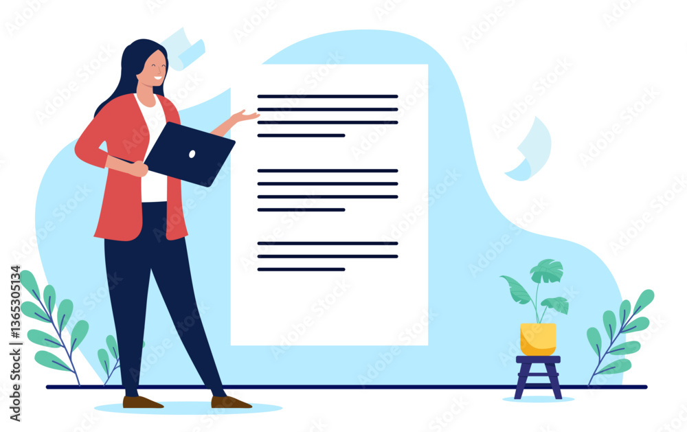 Poster woman writing text document - businesswoman character with laptop computer working os text writer st