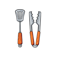 barbecue spatula and tongs color cartoon vector