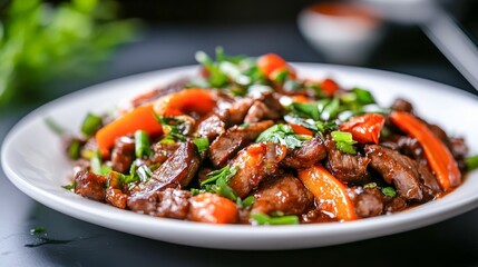 Fototapeta premium Savory stir-fry dish featuring tender meat and vibrant vegetables served on a white plate