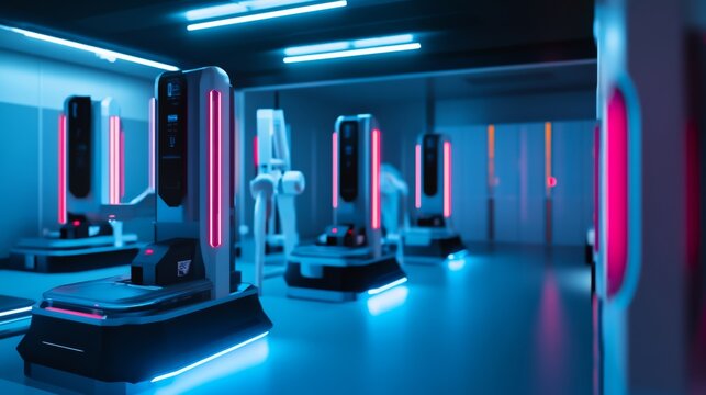 A futuristic AI controlled robotics lab developing autonomous machines for industrial applications with advanced sensors and AI driven programming, Industrial innovation style, photo of