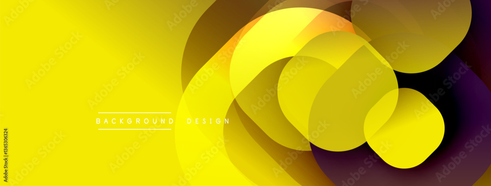 Poster Circular abstract design with overlapping translucent circles and round shapes, blending gradients and smooth curves, creating depth, contrast, and a dynamic visual effect