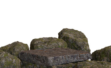 Moss-covered rocks surround flat stone platform