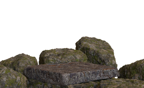Moss-covered rocks surround flat stone platform
