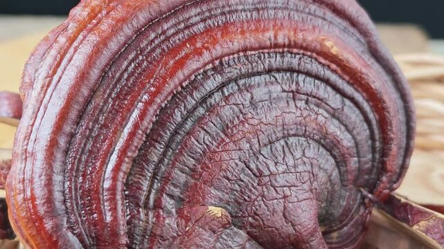 Dried lingzhi mushrooms on wooden