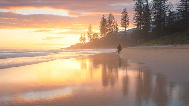 Surfer walks along the shoreline at sunset reflecting golden hues on a tranquil beach