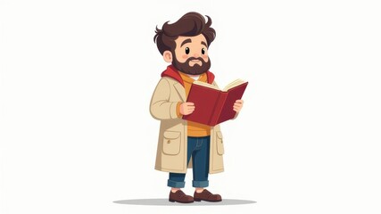 Fototapeta premium illustration of a man with a beard reading a book full length on a white background