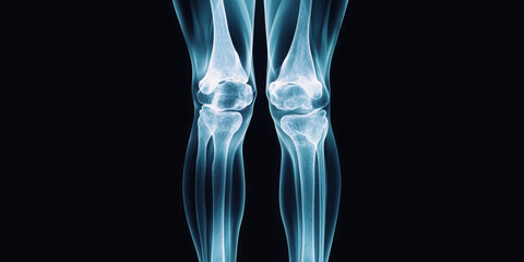 Knee joint x ray showing clear details of bones and cartilage, highlighting potential injuries or conditions affecting knee area. This evokes sense of medical examination and analysis
