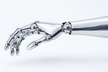 Close-up 3d Chrome Metal Futuristic Robotic hand gesture, glossy texture, isolated on white background. Cyborg robotic hand