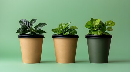 Three Lush Green Plants in Eco-Friendly Coffee Cups