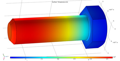 Metal bolt, screw drawing. Computer technic  3d modeling of steel mechanical part.  Thermal cad analysis. Investigation of temperature distribution on surface of mechanical part. © TKalinovskaya