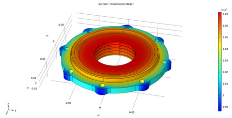 Metal cover, wheel drawing. Computer technic  3d modeling of steel mechanical part with hole and thread. Thermal cad analysis. Investigation of temperature distribution on surface of mechanical part. © TKalinovskaya