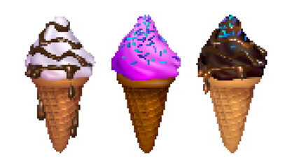 Pixel colorful set of ice cream in waffle cones isolated on white background. Pixelated three  ice cream cones with chocolate sauce and sprinkles