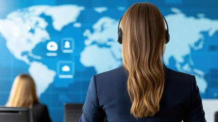 Professional call center agent with a world map backdrop.
