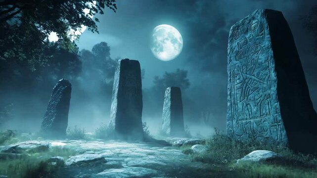 A mystical nighttime scene featuring ancient monolithic stones inscribed with mysterious symbols, illuminated by the glow of a full moon. The foggy atmosphere and eerie lighting 