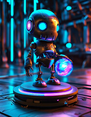 Halloween product display background podium, 3D round podium with an AI-driven robotic skeleton holding a neon energy orb, futuristic metallic environment with blue and purple lighting, ad