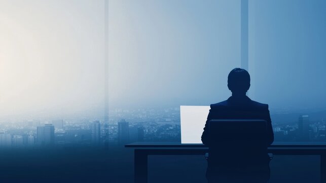 Silhouette of a person at a desk against a city skyline.