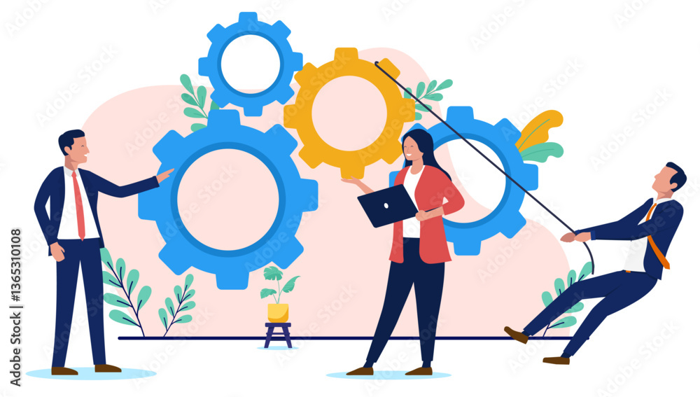 Aufkleber business machine keep the wheels turning - group of businesspeople working with cogwheels keeping pr