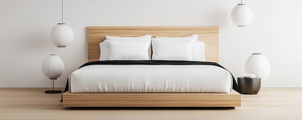 Japanese-style luxury hotel bed with futon-inspired bedding, minimalistic decor, and paper lanterns