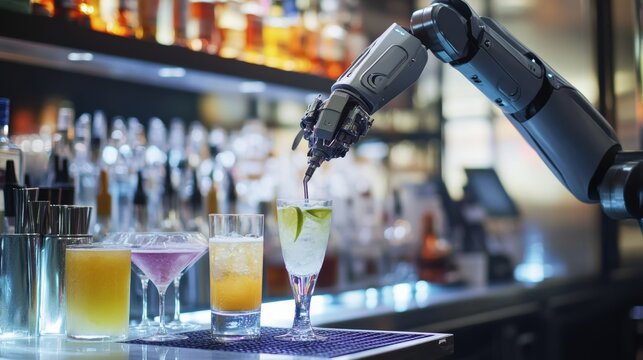 A futuristic AI driven robotic bartender preparing customized cocktails for customers at a high tech bar, Hospitality technology style, photo of