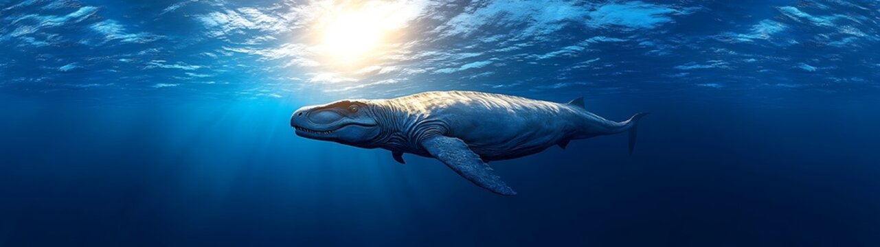 A large ancient aquatic creature swims in the deep blue ocean