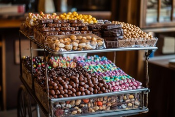 A vibrant assortment of candies and chocolates fills a cart in a warm, inviting shop, showcasing delightful treats for all ages Generative AI