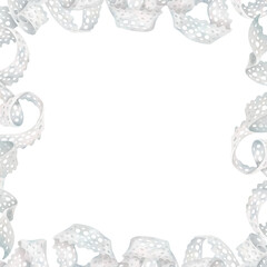White cotton lace square frame. Decorative twisting ribbon composition in watercolor style. Sewing accessory clipart.