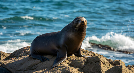 Portrait of a northern fur seal basking on rocky shores with ocean backdrop