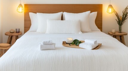 Spa retreat hotel room with a cozy bed, organic cotton bedding, and relaxing zen-inspired decor