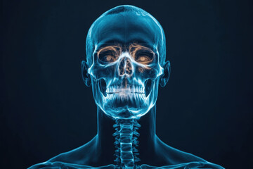 detailed x ray image of human skull and neck, showcasing intricate bone structure against dark background. glowing effect highlights features, creating striking visual impact