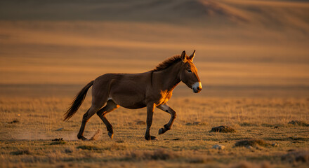 Mongolian wild ass galloping freely across the steppe at golden sunset hour
