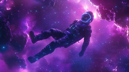 Naklejka premium A neon-lit astronaut drifting in a synthwave-styled cosmic background