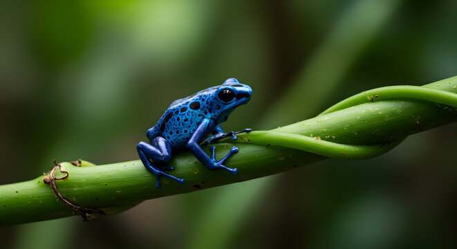 Vibrant blue poison dart frog perched gracefully on a winding tropical vine