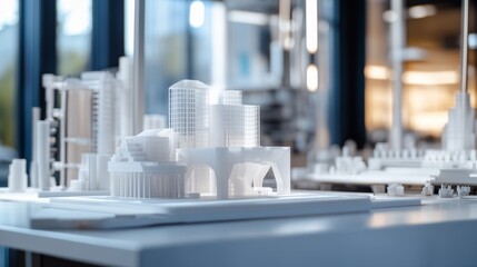 A futuristic AI powered 3D scanning and printing lab creating precise architectural models for smart city development, Architectural technology style, photo of