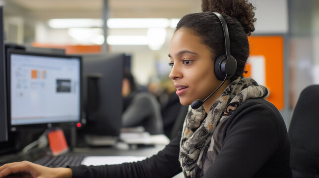 African American girl working at a call center on a computer