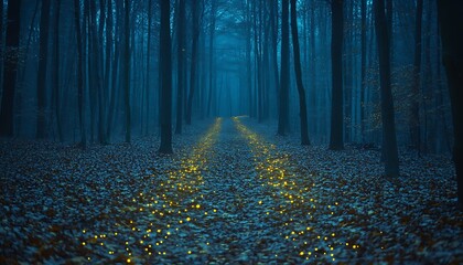 Fototapeta premium A foggy forest path illuminated by small glowing particles at night
