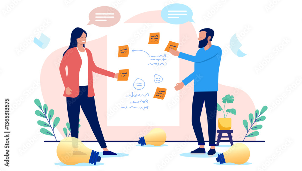 Leinwandbilder Workshop work - Two people working on business whiteboard with sticky notes solving project problem and finding solutions for company strategy in office. Flat design vector illustration