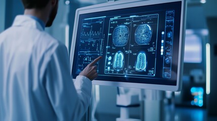 A futuristic AI powered autonomous medical diagnostic system analyzing patient data for accurate disease detection and treatment, Healthcare technology style, photo of