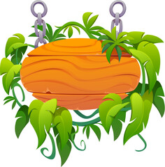 Wooden sign board with tropical jungle liana. Cartoon vector hanging oval sign adorned with lush green vines and foliage, suspended by metal chains. Tropical frame or border made of wood log planks