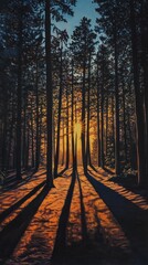 Obraz premium Tall trees stand in a forest with bright sunlight shining