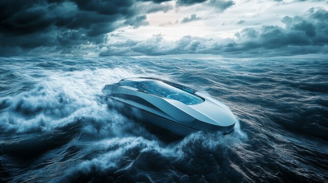 A futuristic AI powered autonomous ship navigating through a storm, using real-time data for route optimization and safety, Maritime navigation style