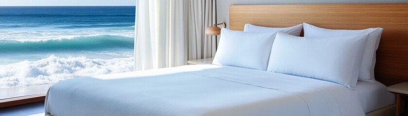 Elegant beachside hotel suite with a king-size bed, soft linen drapes, and waves crashing outside